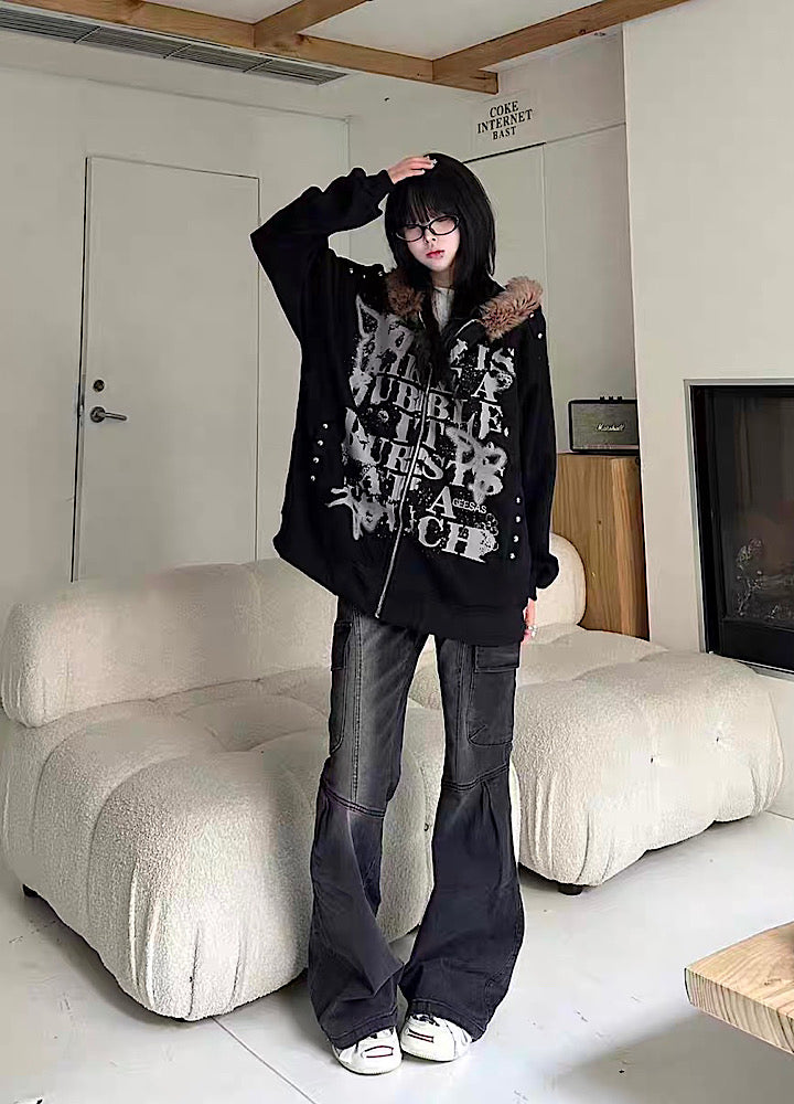 【Take off】Front Initial Grunge Design Fur Hoodie Jacket Hoodie  TO0030