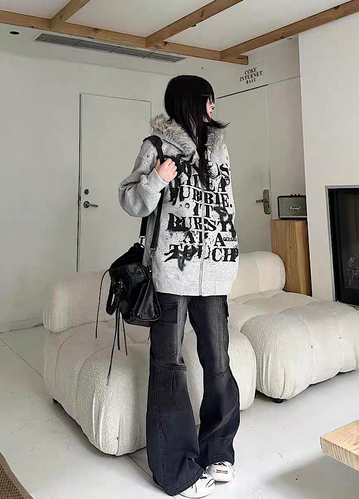 【Take off】Front Initial Grunge Design Fur Hoodie Jacket Hoodie  TO0030