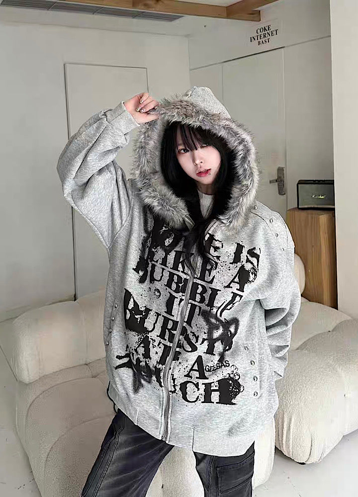 Take off】Front Initial Grunge Design Fur Hoodie Jacket Hoodie