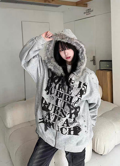 【Take off】Front Initial Grunge Design Fur Hoodie Jacket Hoodie  TO0030