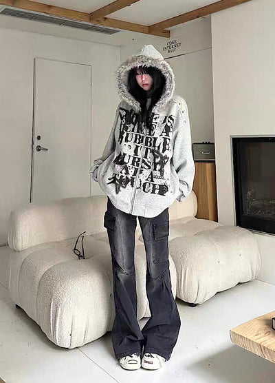 【Take off】Front Initial Grunge Design Fur Hoodie Jacket Hoodie  TO0030