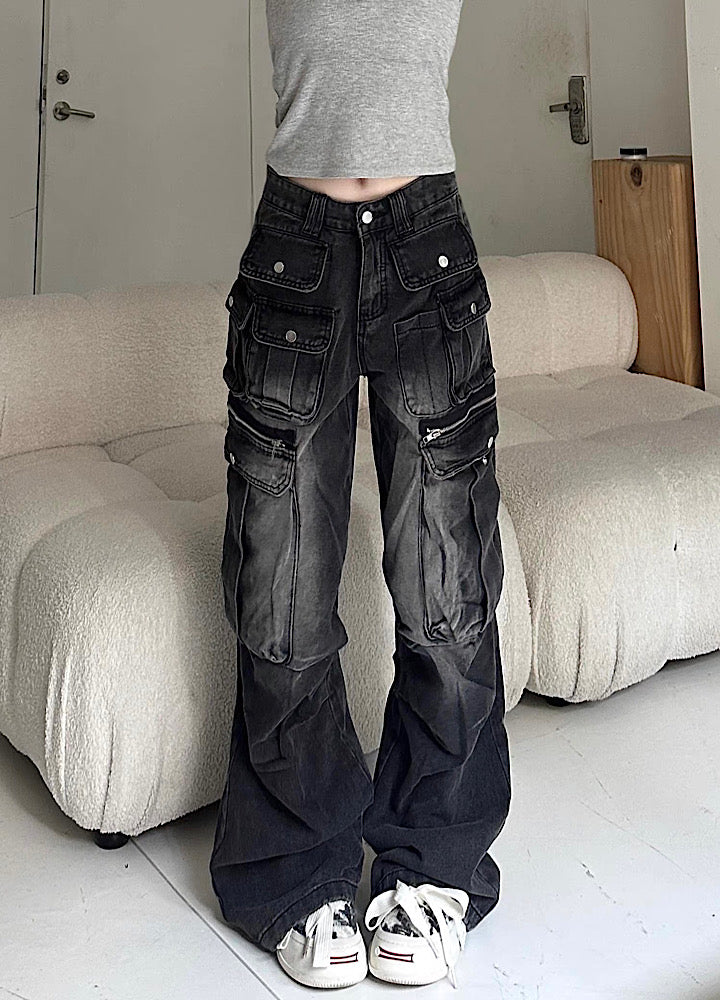 【Take off】Double pocket design washed wide over denim cargo pants  TO0031