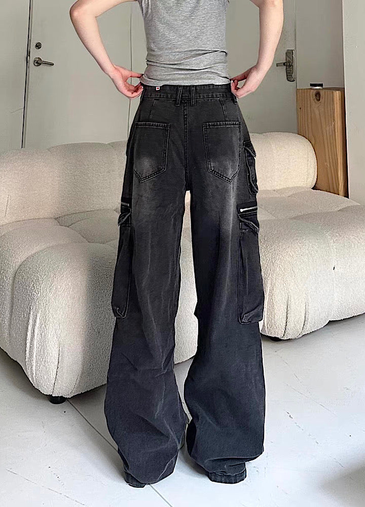 【Take off】Double pocket design washed wide over denim cargo pants  TO0031