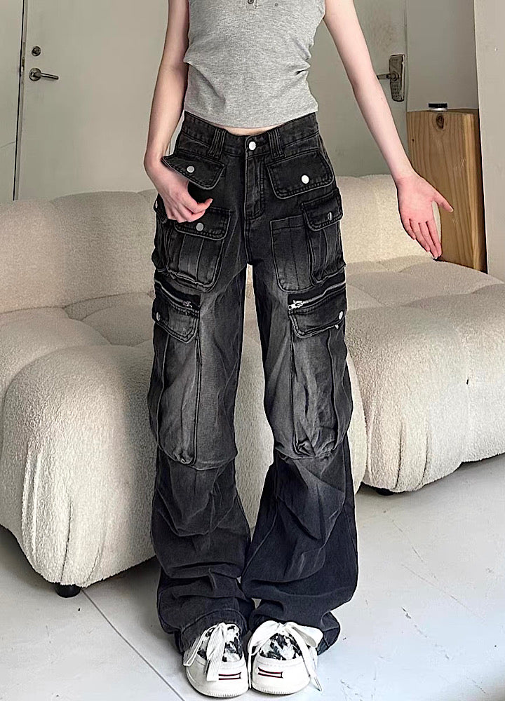 【Take off】Double pocket design washed wide over denim cargo pants  TO0031