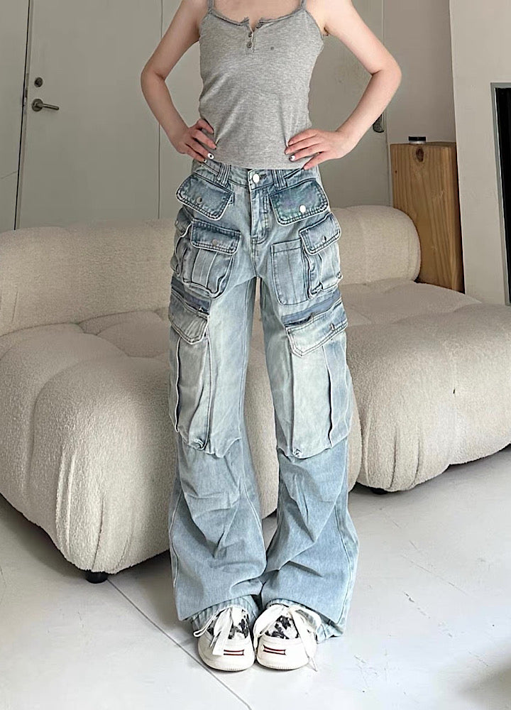 【Take off】Double pocket design washed wide over denim cargo pants  TO0031