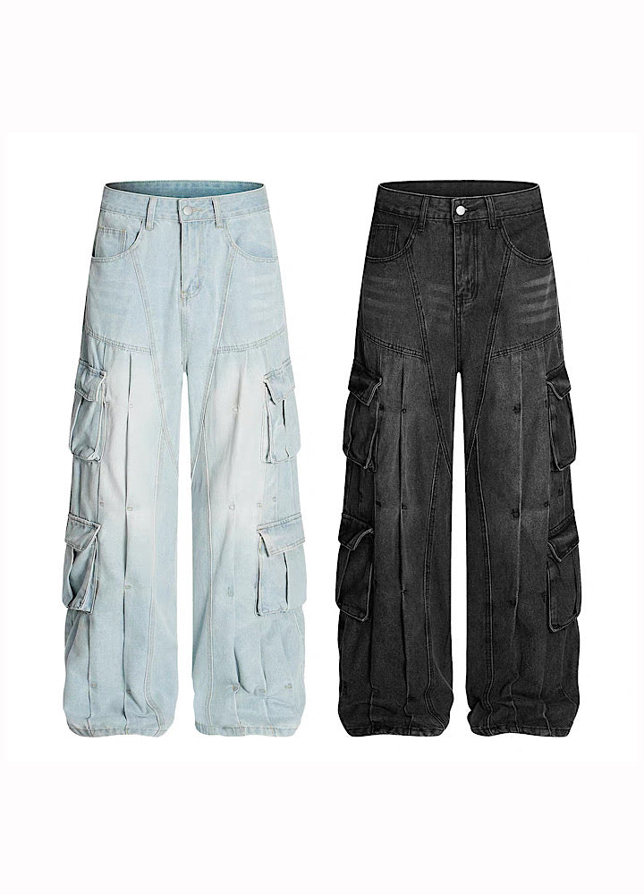 【Take off】Double pocket design washed wide over denim cargo pants  TO0031