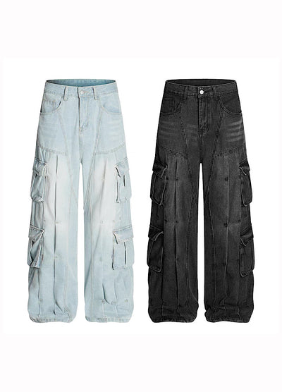 【Take off】Double pocket design washed wide over denim cargo pants  TO0031