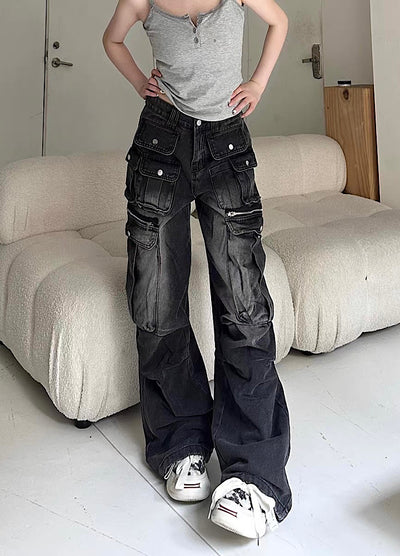 【Take off】Double pocket design washed wide over denim cargo pants  TO0031