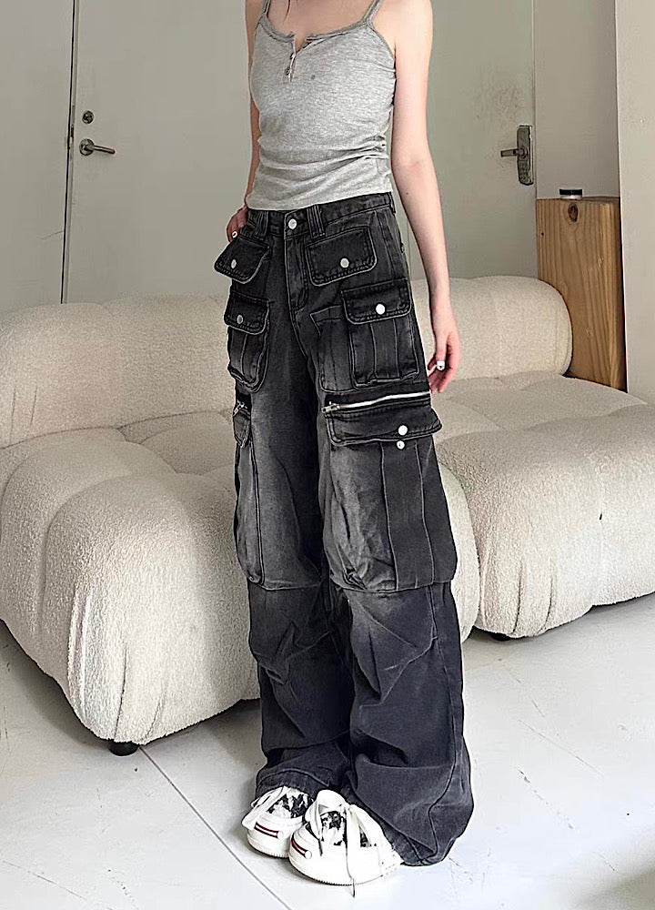 【Take off】Double pocket design washed wide over denim cargo pants  TO0031