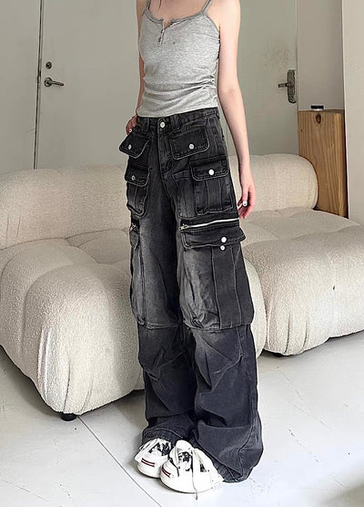 【Take off】Double pocket design washed wide over denim cargo pants  TO0031