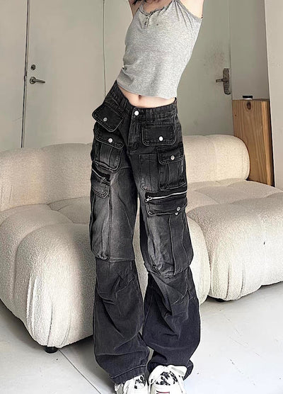 【Take off】Double pocket design washed wide over denim cargo pants  TO0031
