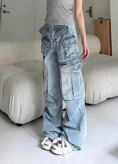 【Take off】Double pocket design washed wide over denim cargo pants  TO0031