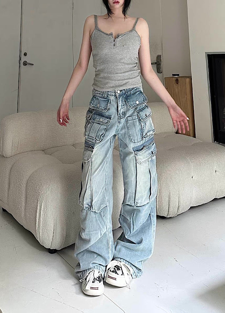 【Take off】Double pocket design washed wide over denim cargo pants  TO0031