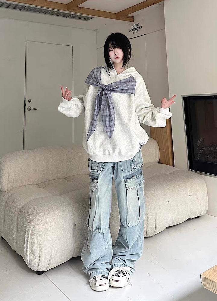 【Take off】Double pocket design washed wide over denim cargo pants  TO0031