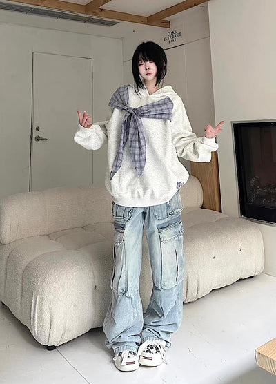 【Take off】Double pocket design washed wide over denim cargo pants  TO0031