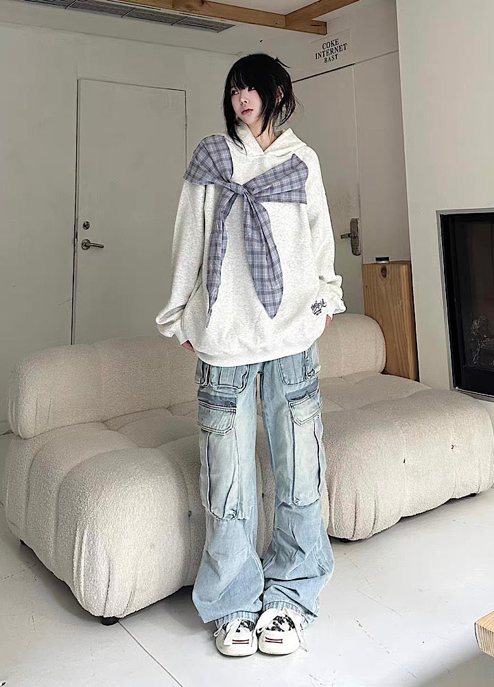 【Take off】Double pocket design washed wide over denim cargo pants  TO0031