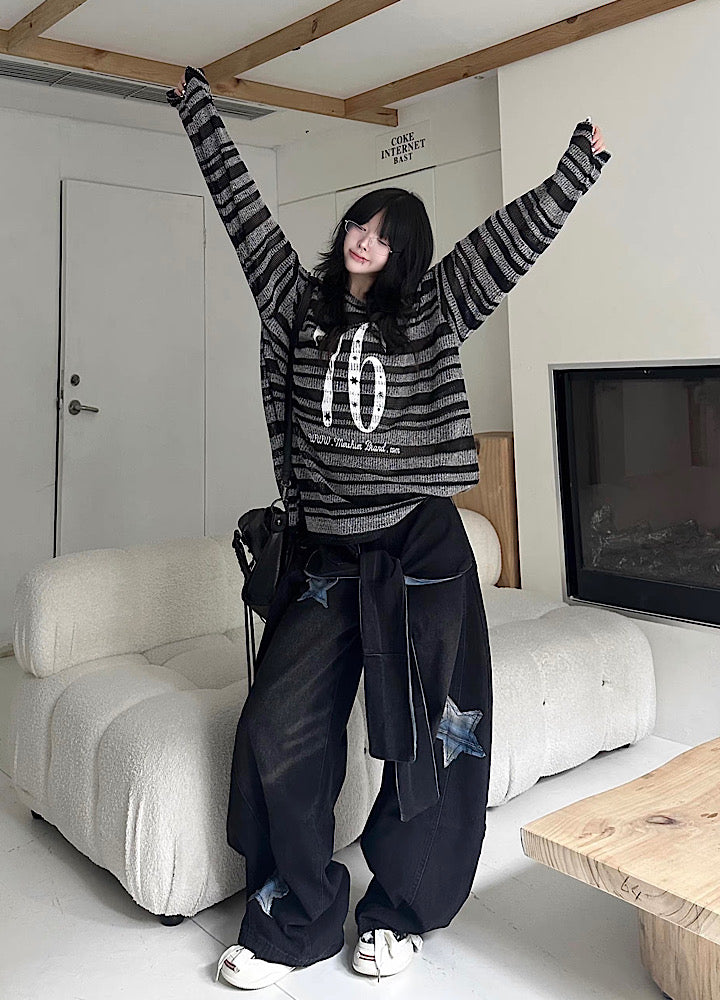 【Take off】Front initial number border black design knit sweater  TO0032