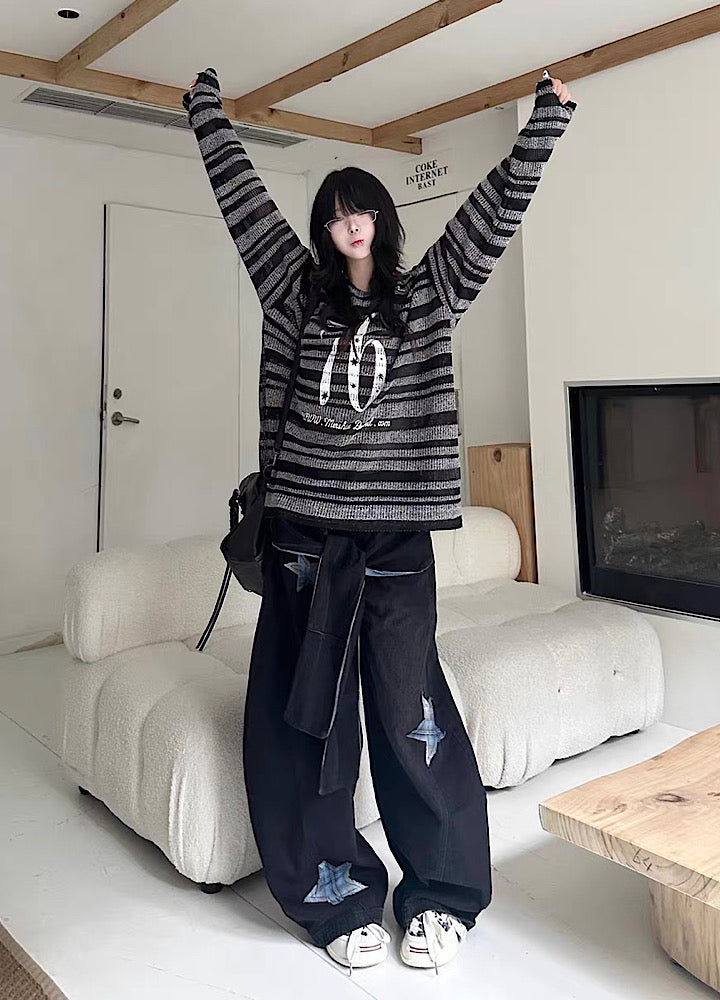 【Take off】Front initial number border black design knit sweater  TO0032
