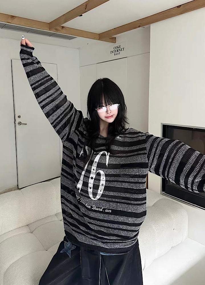 【Take off】Front initial number border black design knit sweater  TO0032