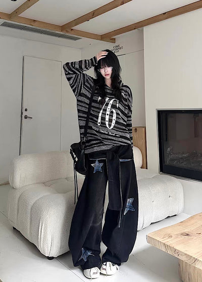 【Take off】Front initial number border black design knit sweater  TO0032