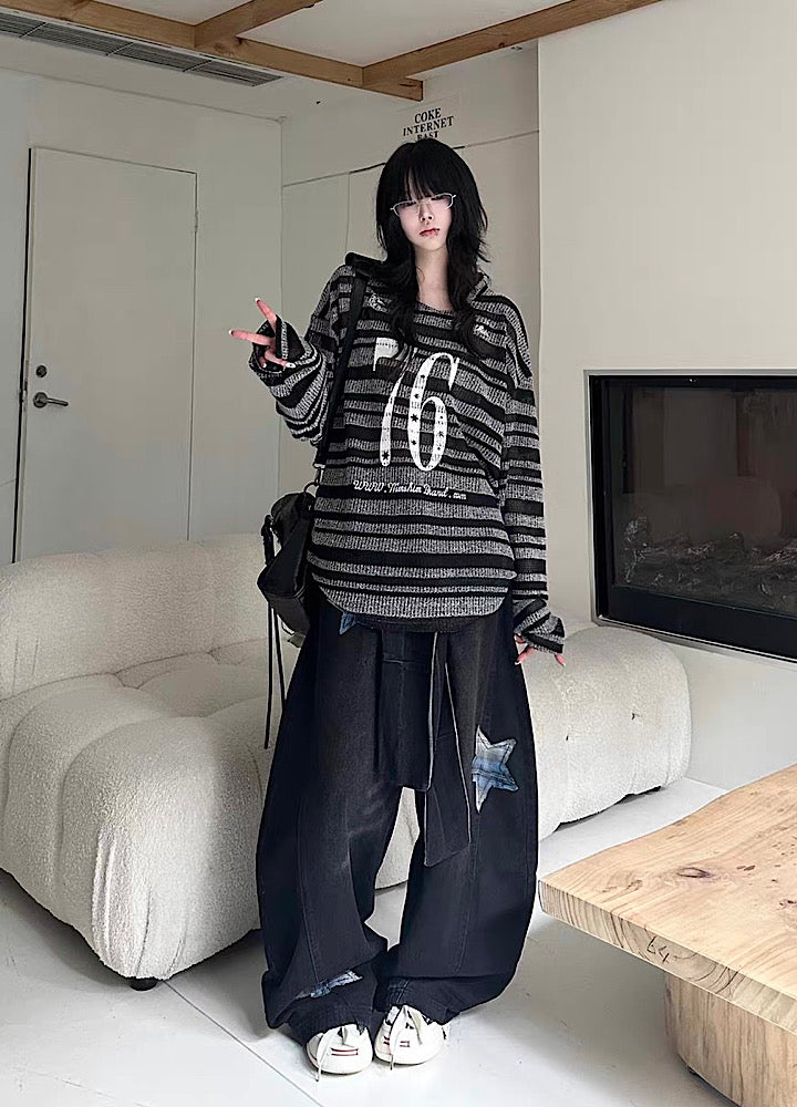 【Take off】Front initial number border black design knit sweater  TO0032