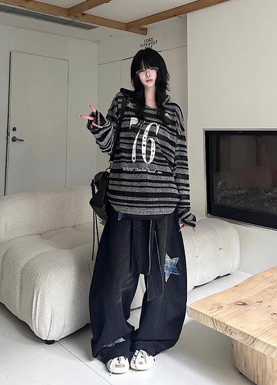 【Take off】Front initial number border black design knit sweater  TO0032