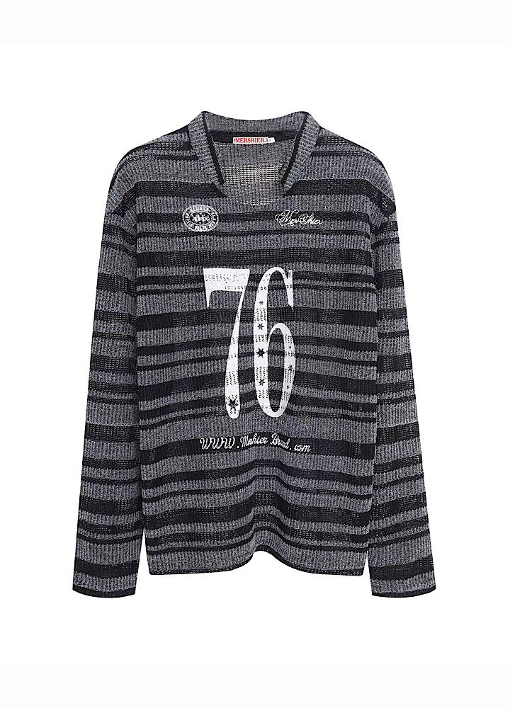 【Take off】Front initial number border black design knit sweater  TO0032