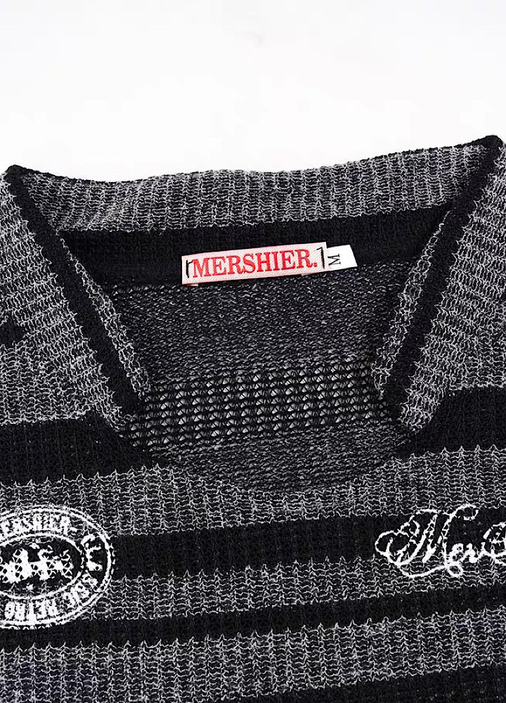 【Take off】Front initial number border black design knit sweater  TO0032