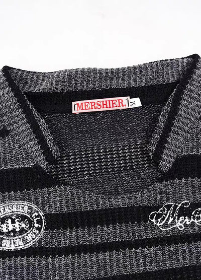 【Take off】Front initial number border black design knit sweater  TO0032