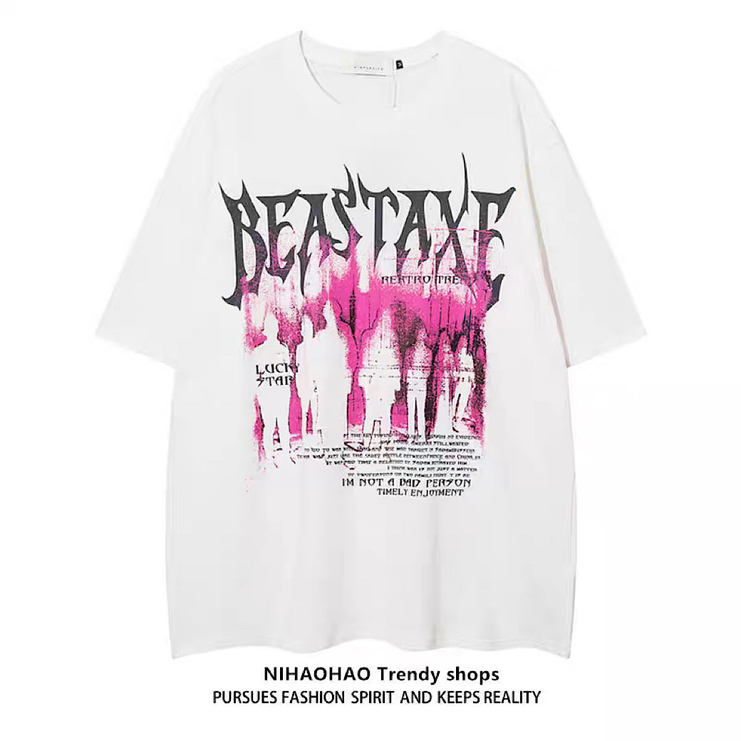 【NIHAOHAO】Dark pink color base front short sleeve T-shirt  NH0109