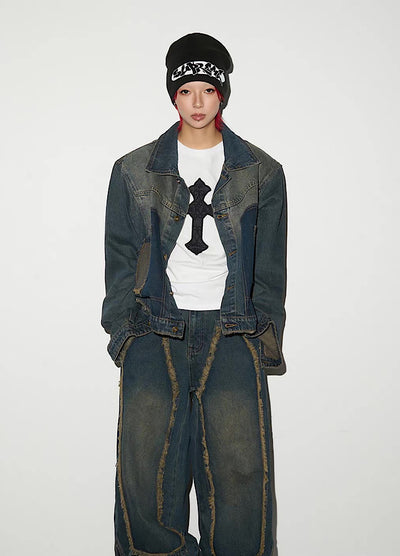 【MICHINNYON】Versatile fringe design vintage blue denim setup  MY0056