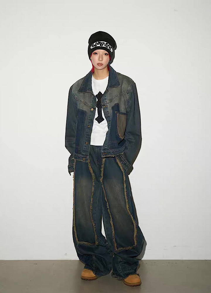 【MICHINNYON】Versatile fringe design vintage blue denim setup  MY0056