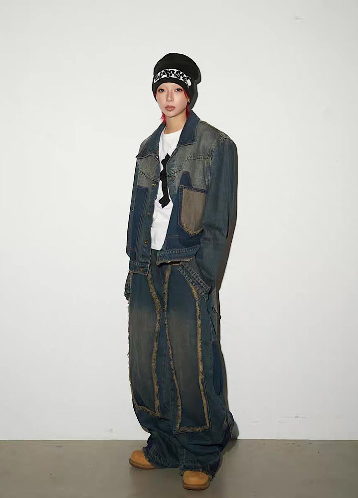 【MICHINNYON】Versatile fringe design vintage blue denim setup  MY0056