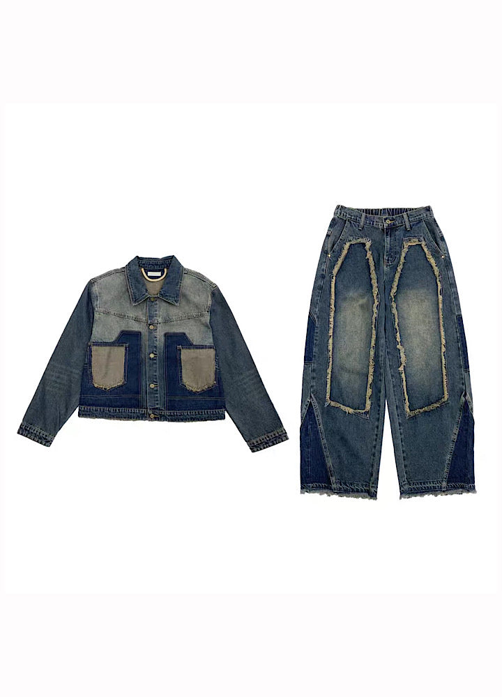 【MICHINNYON】Versatile fringe design vintage blue denim setup  MY0056