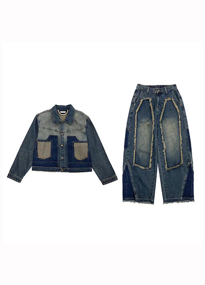 【MICHINNYON】Versatile fringe design vintage blue denim setup  MY0056