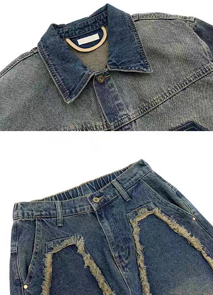 【MICHINNYON】Versatile fringe design vintage blue denim setup  MY0056