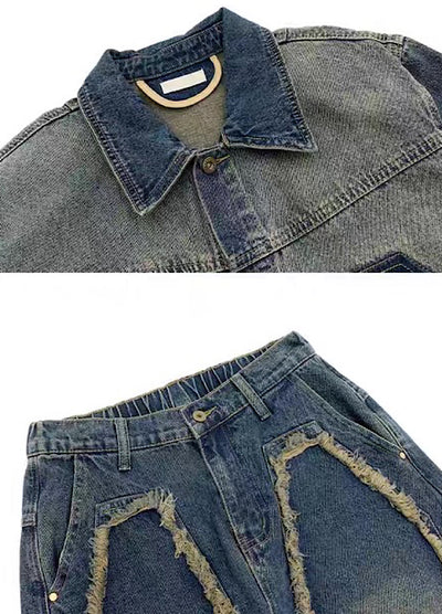 【MICHINNYON】Versatile fringe design vintage blue denim setup  MY0056