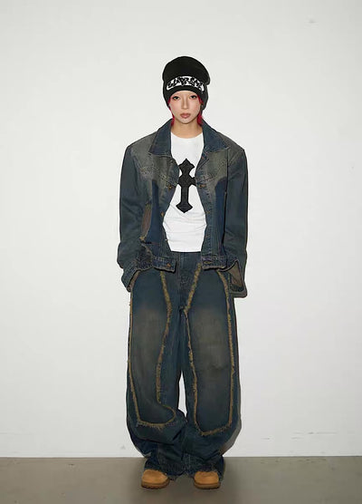 【MICHINNYON】Versatile fringe design vintage blue denim setup  MY0056