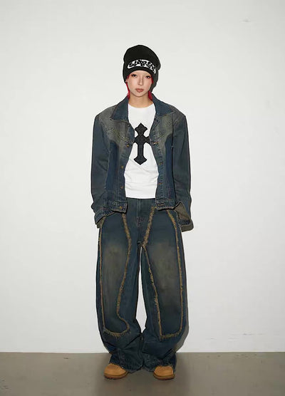 【MICHINNYON】Versatile fringe design vintage blue denim setup  MY0056