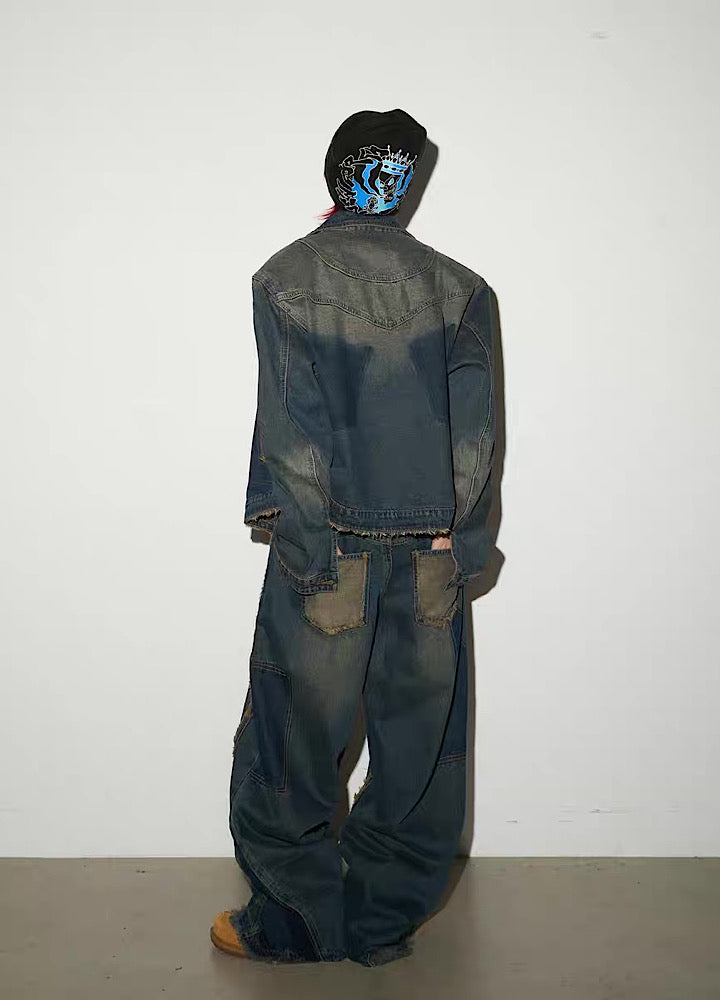 【MICHINNYON】Versatile fringe design vintage blue denim setup  MY0056