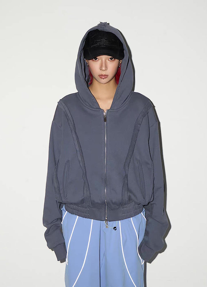 【MICHINNYON】Muted base color full line silhouette short length balloon full zip hoodie  MY0057