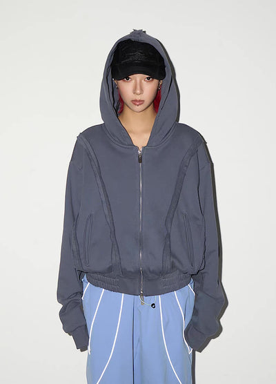 【MICHINNYON】Muted base color full line silhouette short length balloon full zip hoodie  MY0057