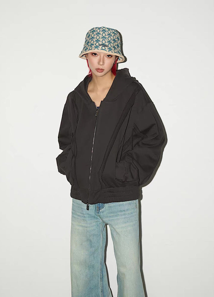 【MICHINNYON】Muted base color full line silhouette short length balloon full zip hoodie  MY0057
