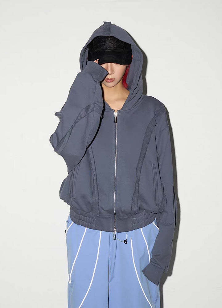 【MICHINNYON】Muted base color full line silhouette short length balloon full zip hoodie  MY0057
