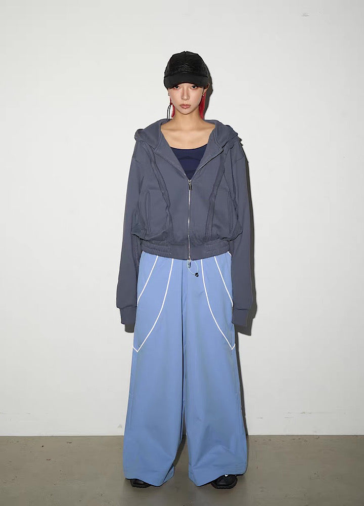 【MICHINNYON】Muted base color full line silhouette short length balloon full zip hoodie  MY0057