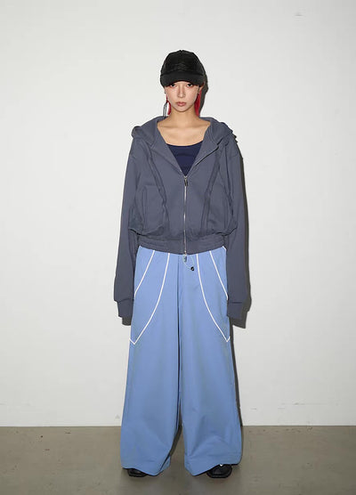 【MICHINNYON】Muted base color full line silhouette short length balloon full zip hoodie  MY0057