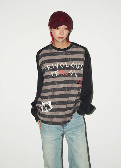 【MICHINNYON】Grunge front graffiti design border long sleeve T-shirt  MY0059