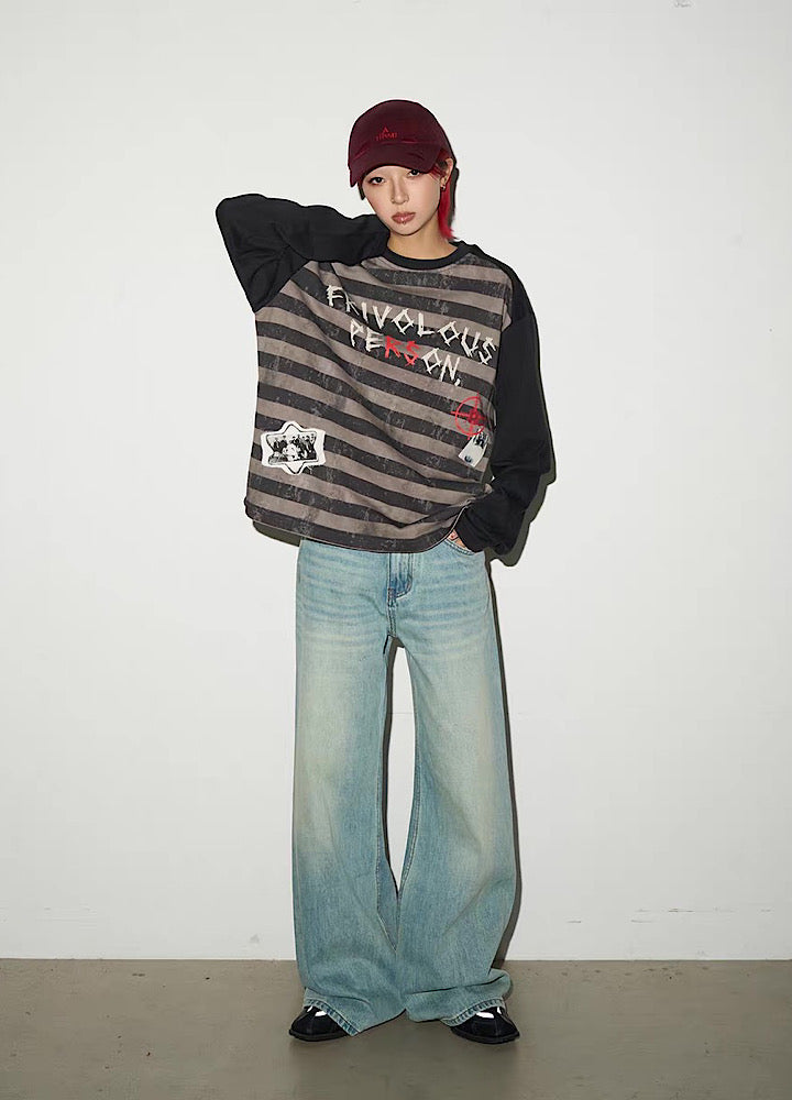 【MICHINNYON】Grunge front graffiti design border long sleeve T-shirt  MY0059