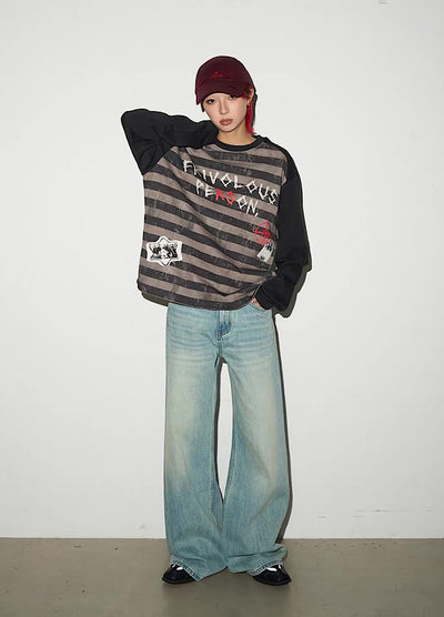 【MICHINNYON】Grunge front graffiti design border long sleeve T-shirt  MY0059