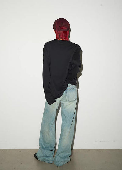 【MICHINNYON】Grunge front graffiti design border long sleeve T-shirt  MY0059